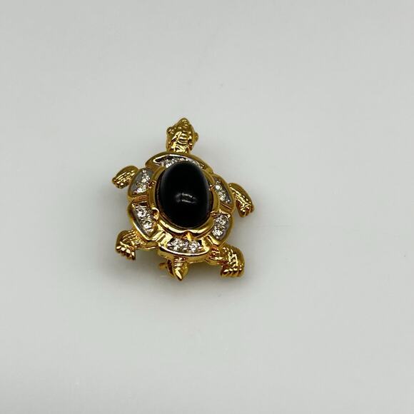 Vintage D’Orlan Gold Tone Rhinestone Turtle Brooch Pin Glass Cabochon - Picture 4 of 8